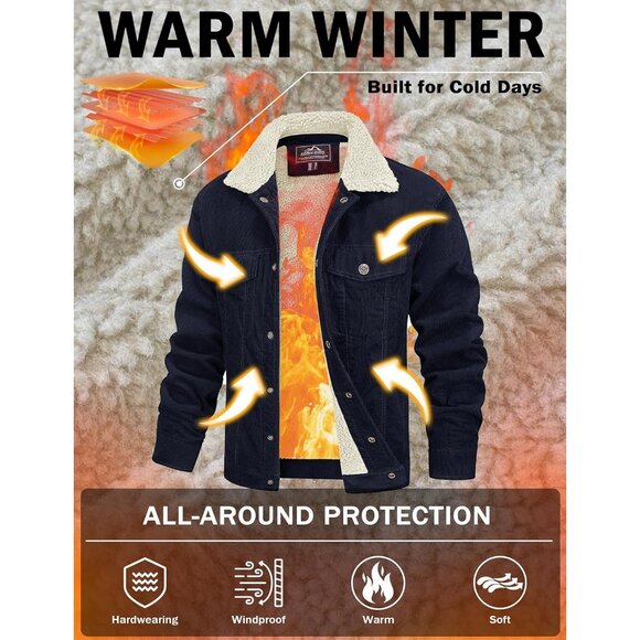 Mens Navy Corduroy Jacket Sherpa Lined Warm Winter Trucker Cargo Coat - Picture 2 of 7